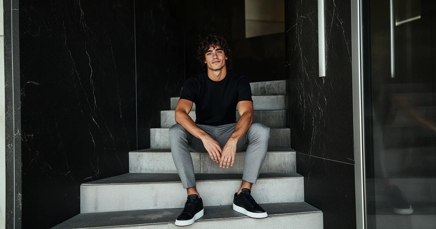 Canelli homepage banner featuring modern casual menswear with black t-shirt, grey pants, and sneakers