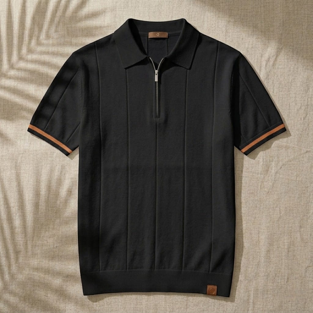 Eros | Polo Shirt – Zip Collar with Vertical Knit Texture – Canelli