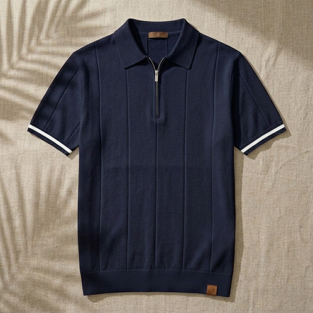 Eros | Polo Shirt – Zip Collar with Vertical Knit Texture – Canelli