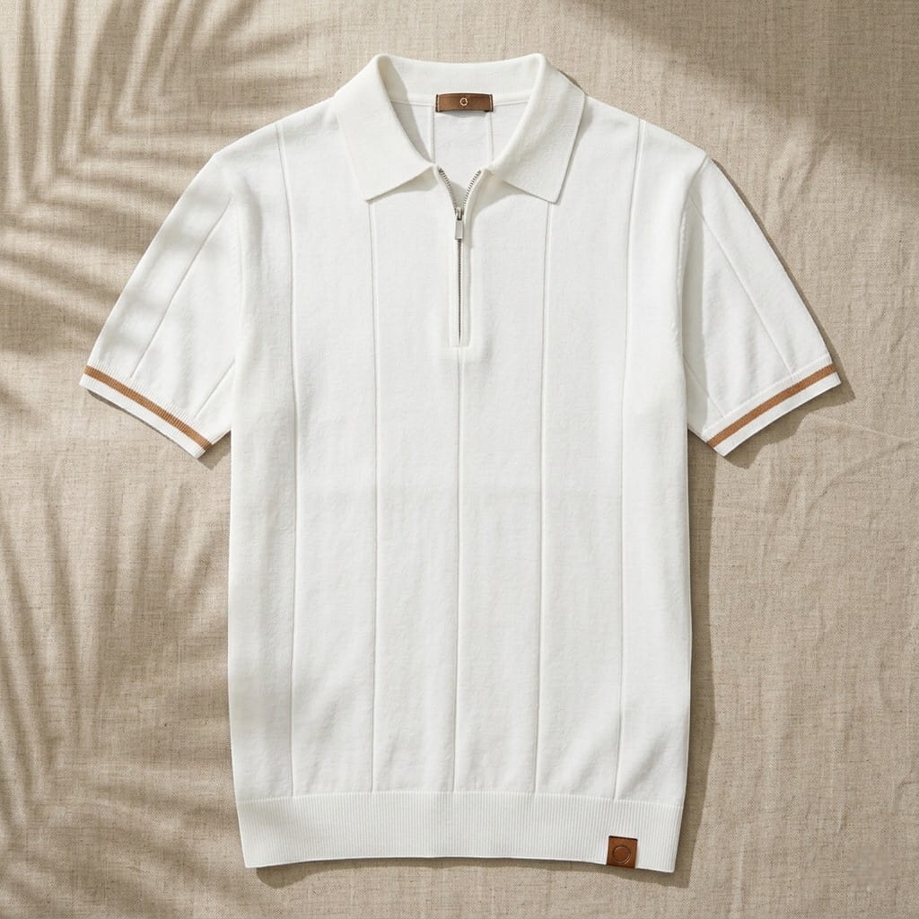Eros | Polo Shirt – Zip Collar with Vertical Knit Texture – Canelli